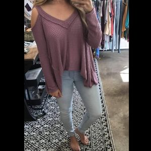Waffle knit cold shoulder top
